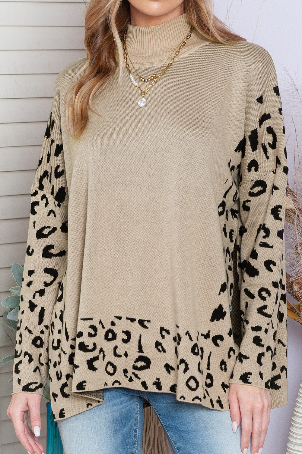 Khaki Leopard Casual Side Slit High Neck Oversized Sweater