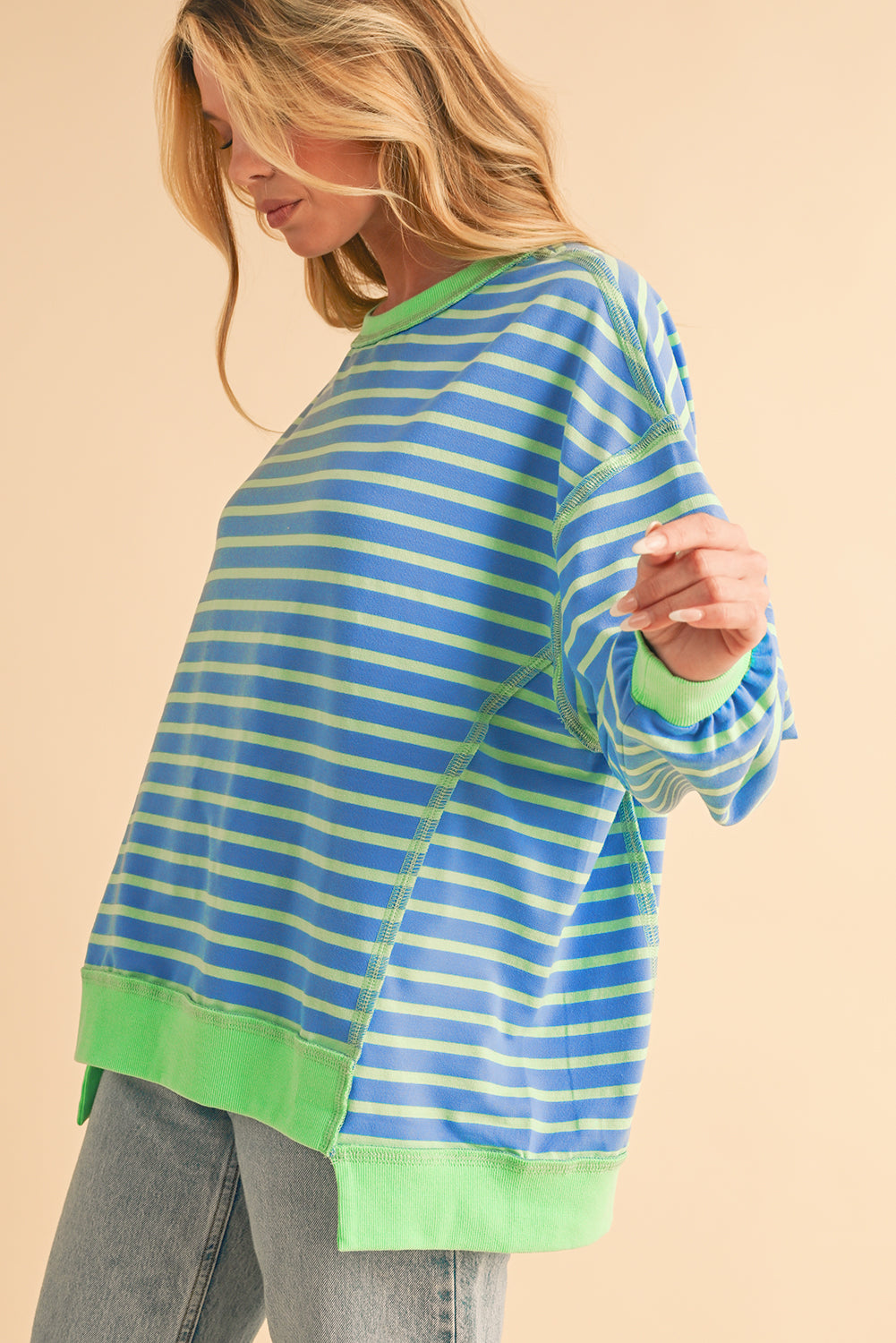 Pink Stripe Contrast Trim High Low Tunic Sweatshirt