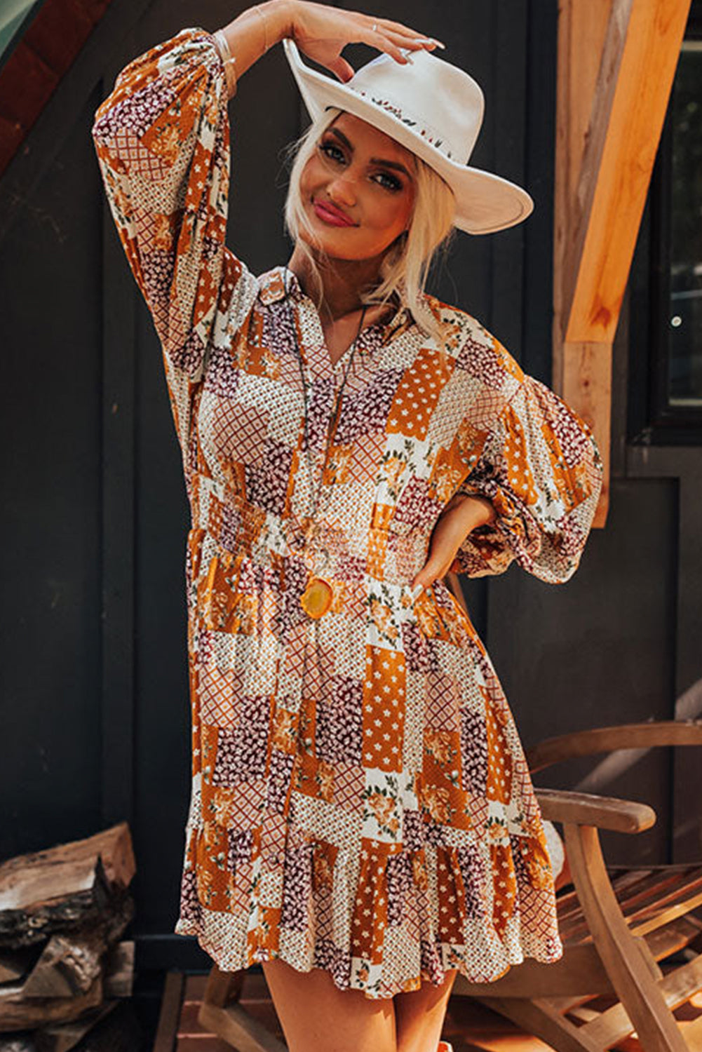 Boho Floral Puff Sleeve Smocked Waist Mini Shirt Dress