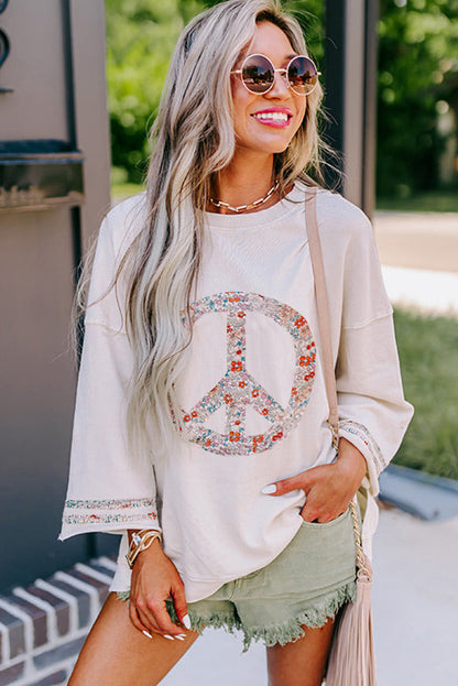 Light Pink Floral Peace Sign Drop Shoulder Top