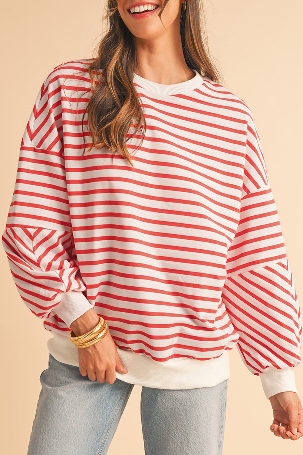 Orange Stripe Drop Shoulder Crew Neck Loose Sweatshirt