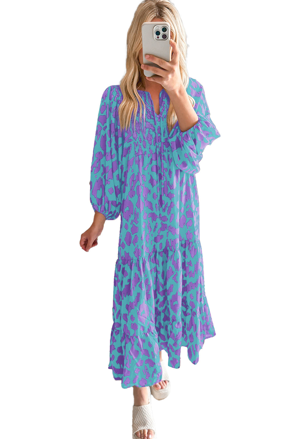 Abstract Print Puff Sleeve Smocked V Neck Maxi Dress