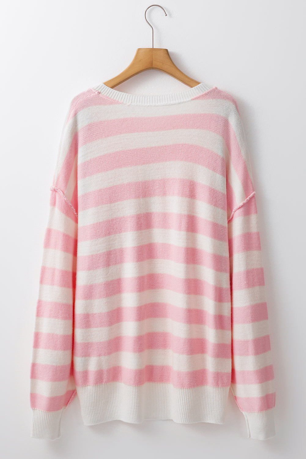 Pink Striped Drop Sleeve Henley Sweater