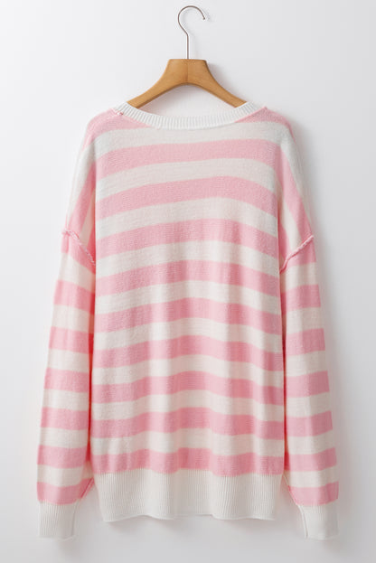 Pink Striped Drop Sleeve Henley Sweater