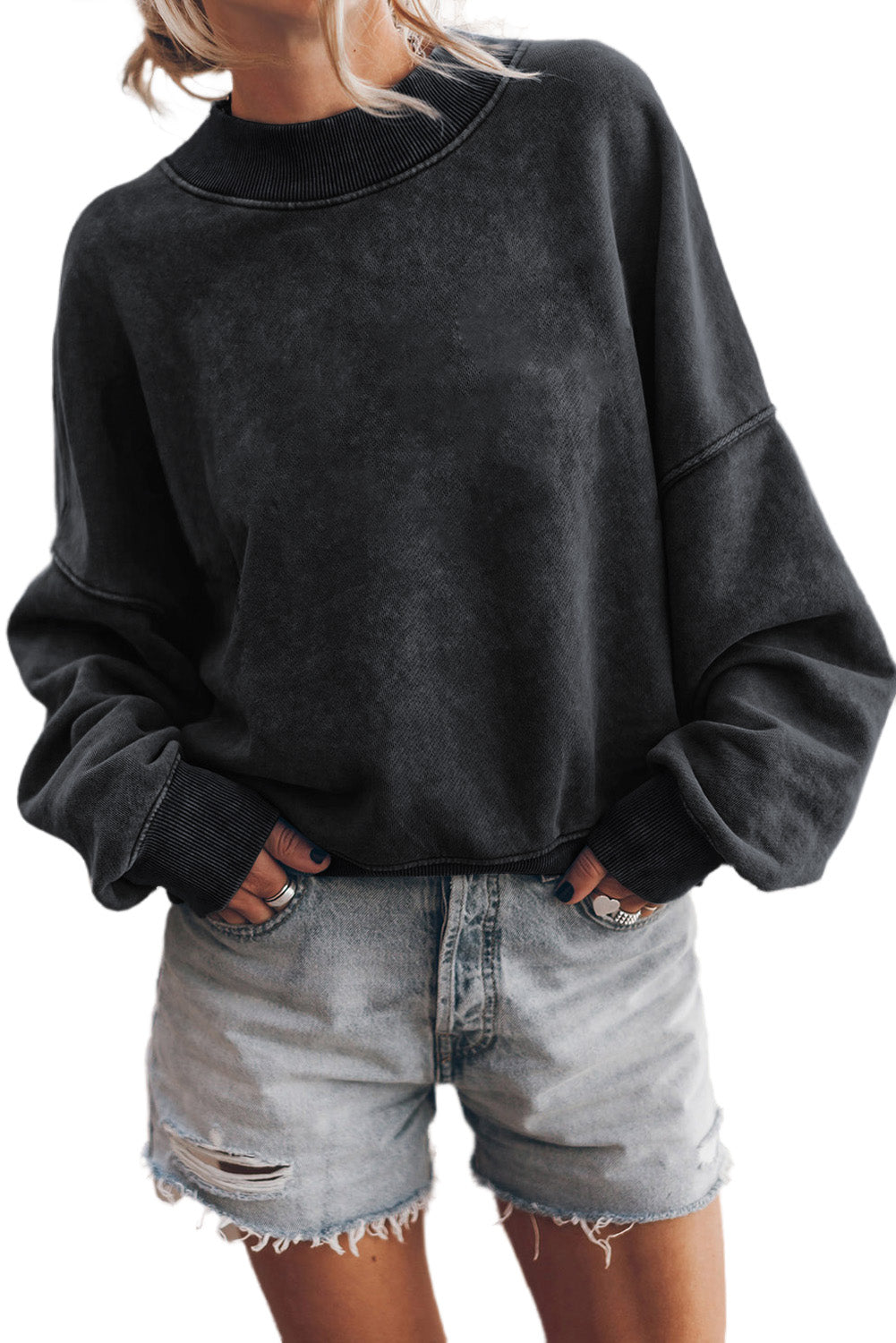 Washed Drop Shoulder Crewneck Pullover Sweatshirt