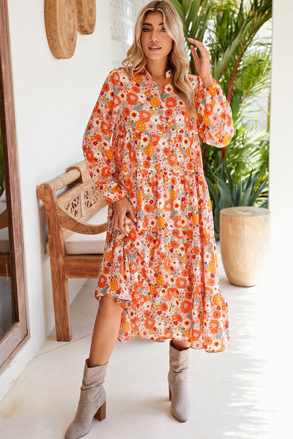 Boho Floral Collared Long Sleeve Dress