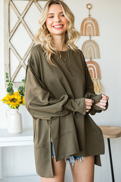 Green Slits Drop Shoulder Oversized Top