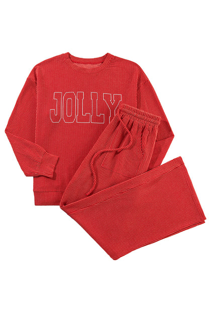 Fiery Red Crinkle Rib JOLLY Pattern Long Sleeve Top and Pockets Pants Set