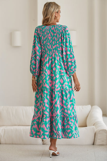 Abstract Print Puff Sleeve Smocked V Neck Maxi Dress