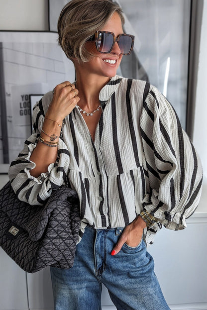 Sky Blue Stripe Crinkle Ruffle Sleeve Loose Blouse