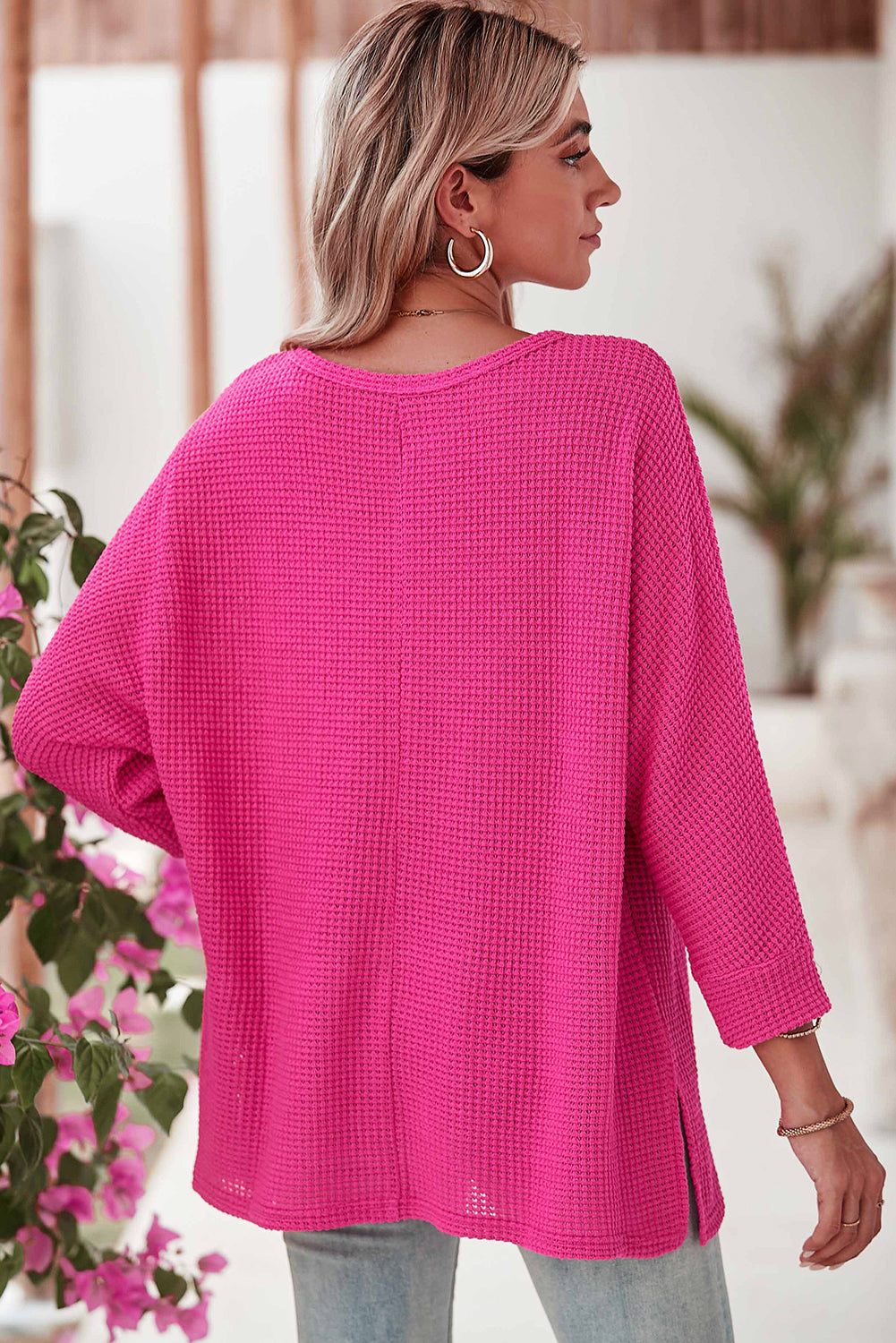 Textured Center Seam Long Sleeve Split Top