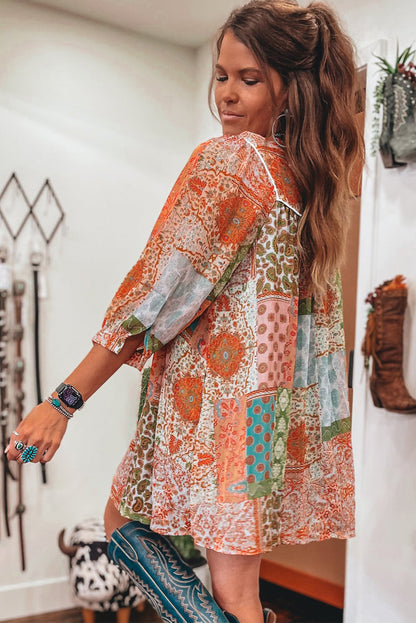 Boho Paisley Mixed Print 3/4 Sleeve Chiffon Loose Dress