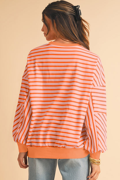 Orange Stripe Drop Shoulder Crew Neck Loose Sweatshirt