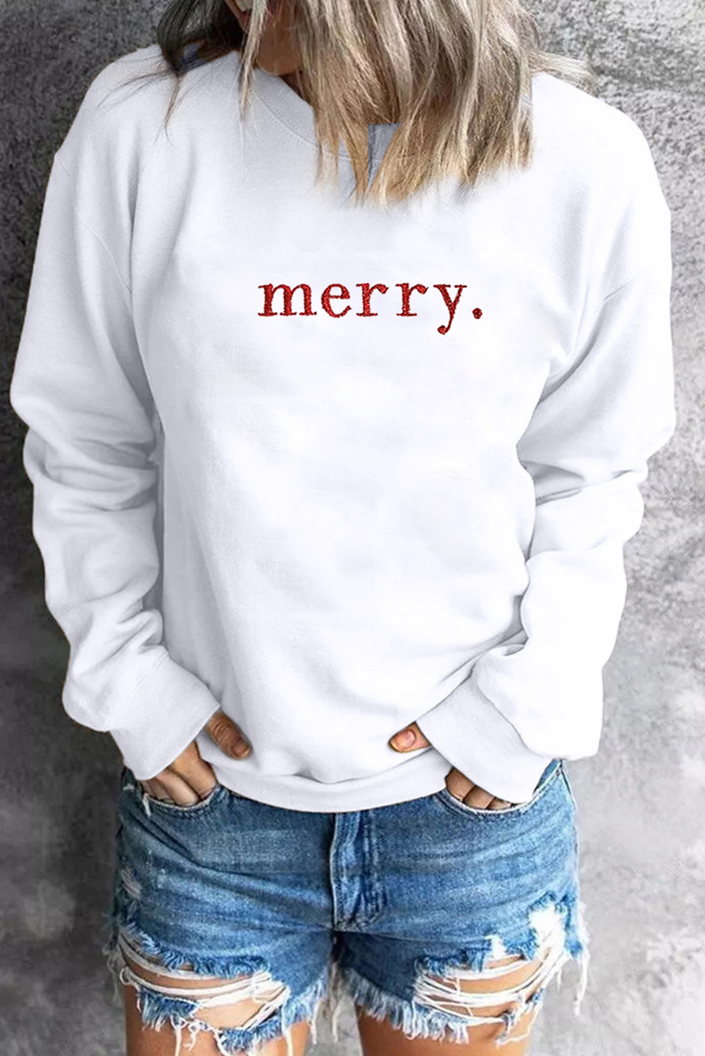 Beige Merry Graphic Embroidered Crewneck Sweatshirt