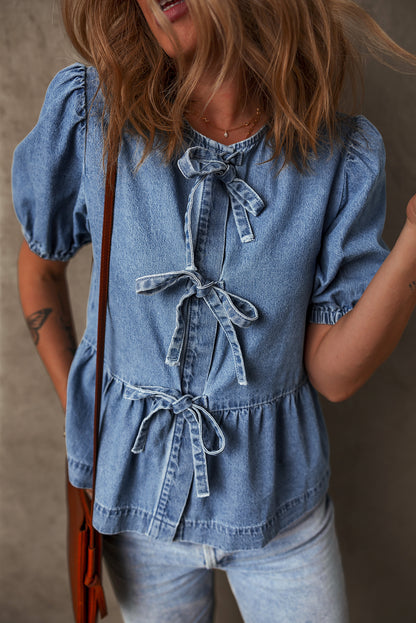 Dusk Blue Bow Tie Front Bubble Sleeve Peplum Denim Shirt