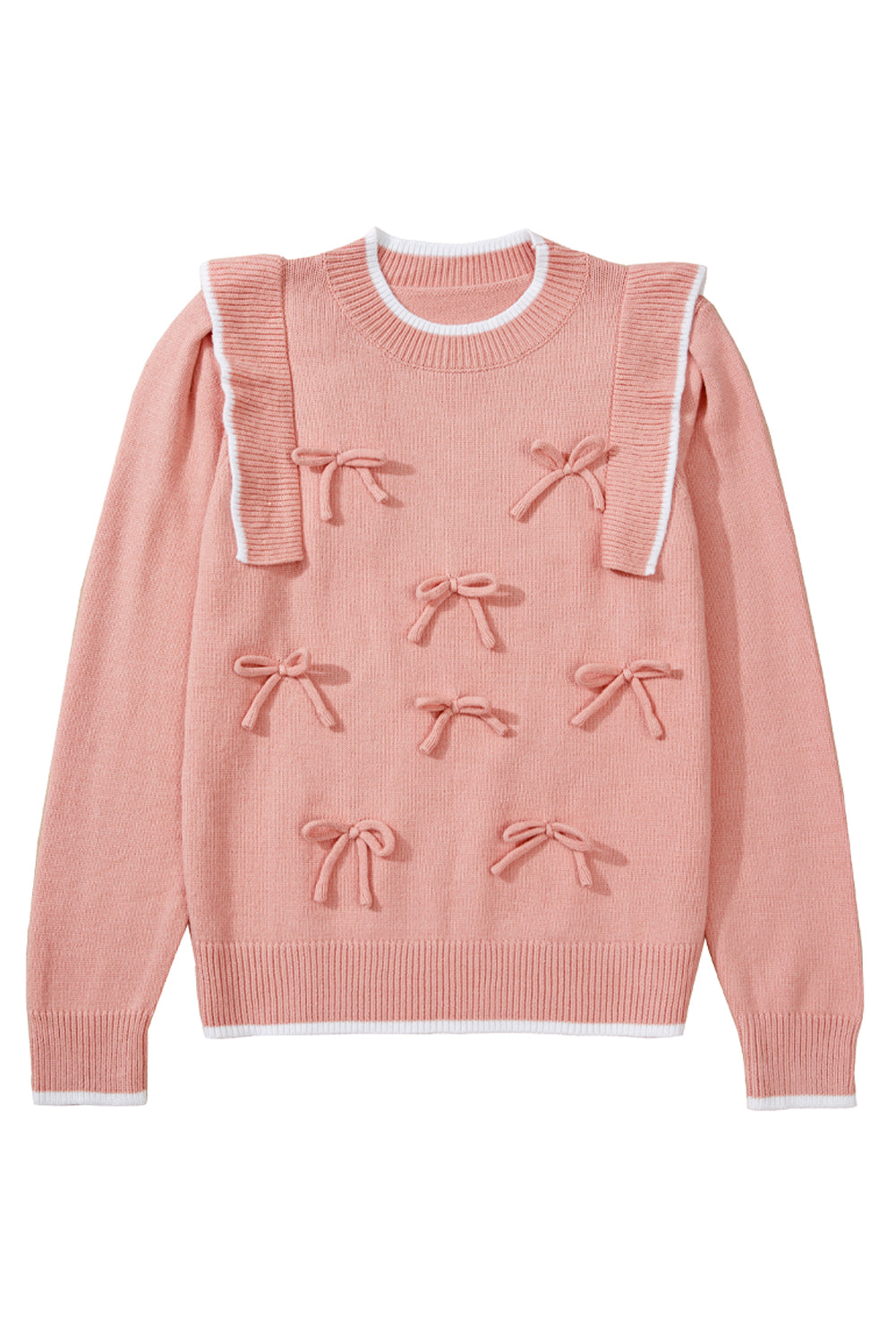 Light Pink Bow Detail Contrast Trim Ruffle Sweater