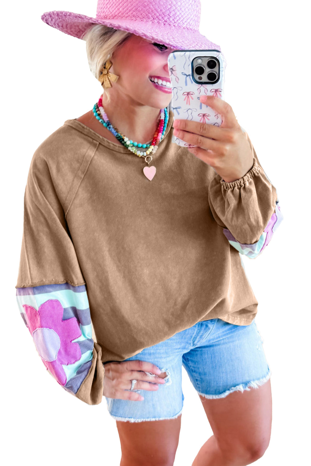 Flower Patchwork Exposed Seam Raglan Sleeve Top