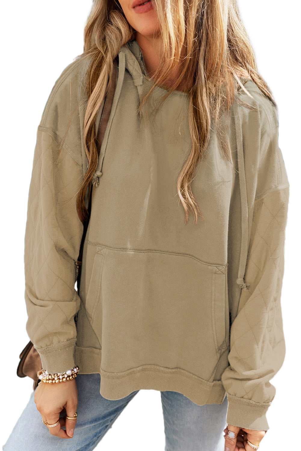 Parchment Quilted Exposed Seam Kangaroo Pocket Hoodie