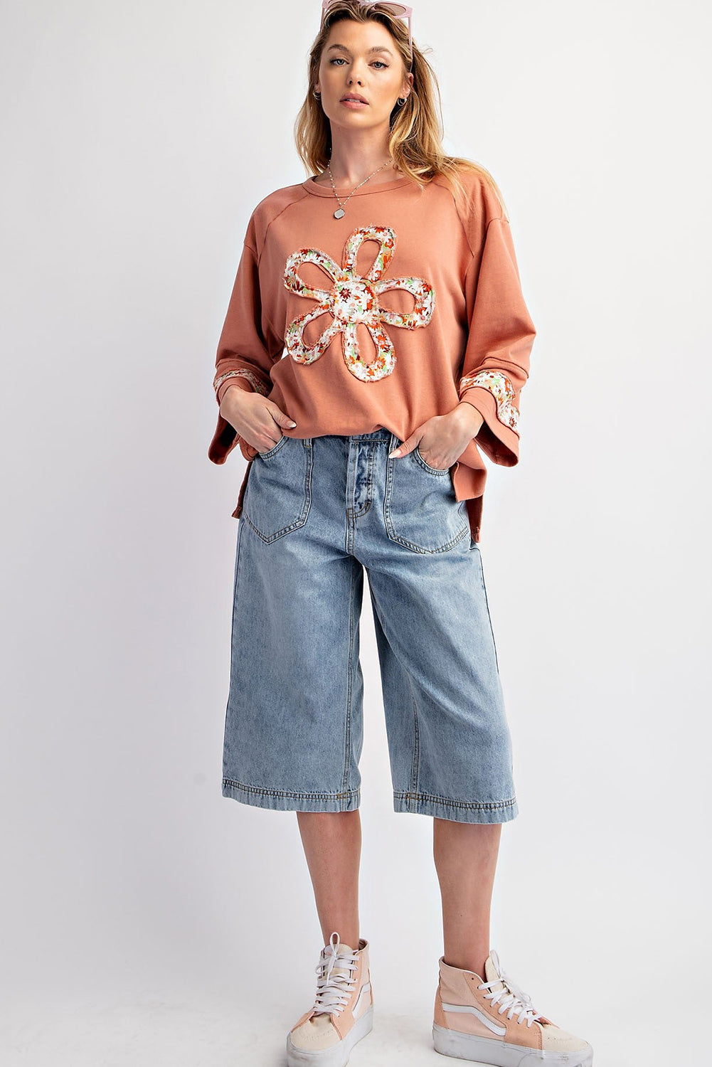 Flower Exposed Seam Patchwork Loose Top