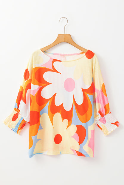 Yellow Colorful Floral Print Ribbed Dolman Blouse