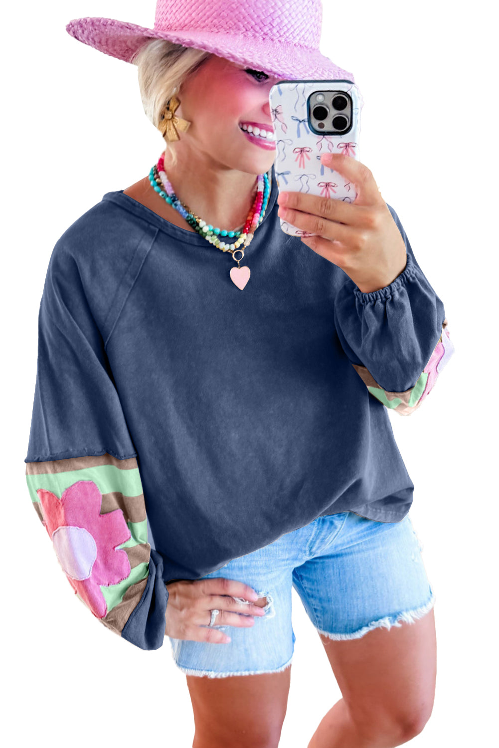 Flower Patchwork Exposed Seam Raglan Sleeve Top