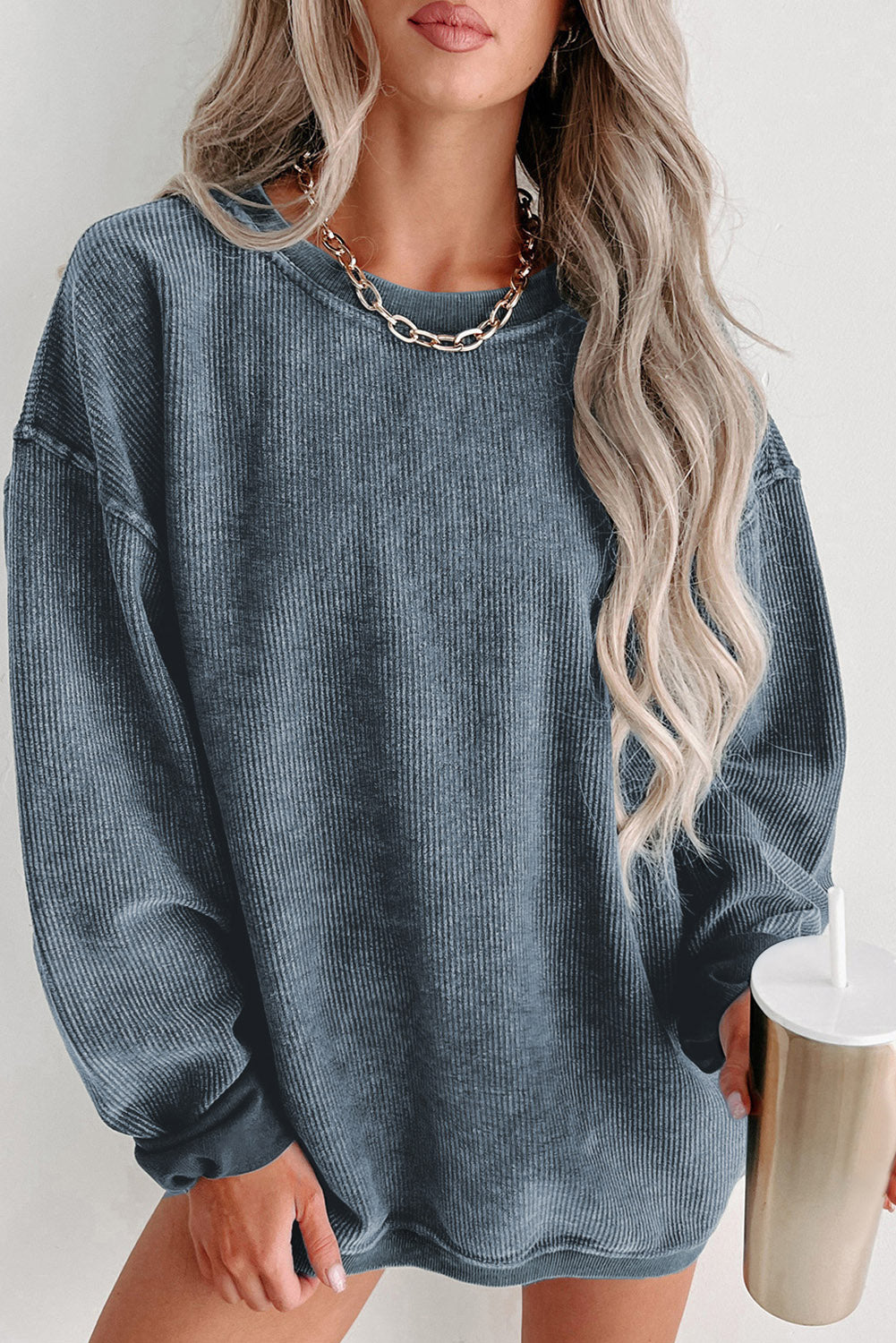 Ribbed Round Neck Drop Sleeve Pullover Sweatshirt