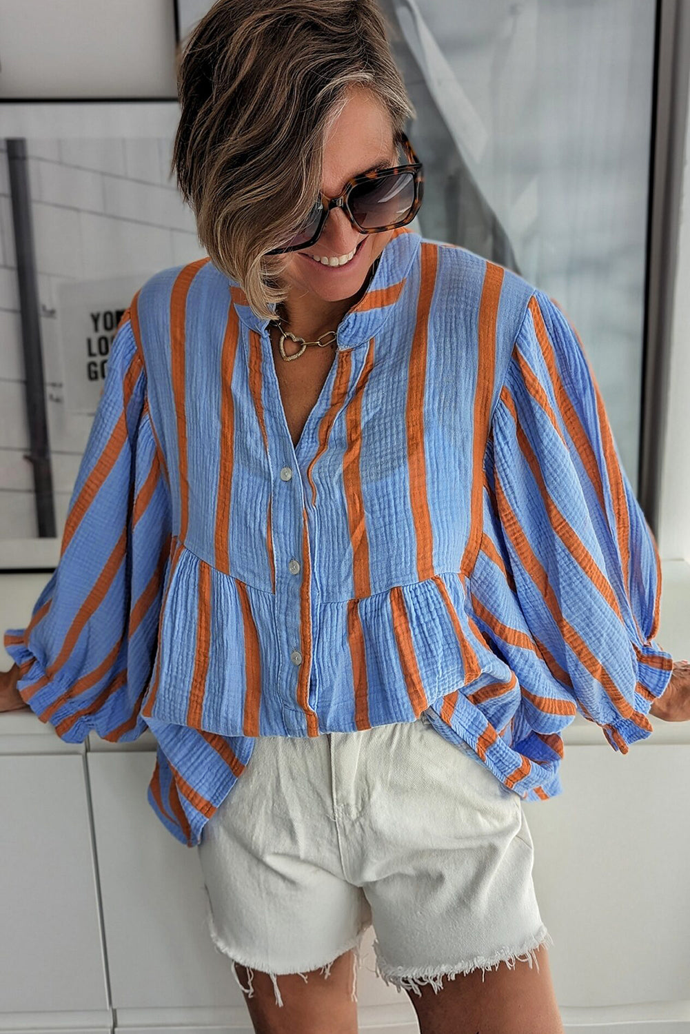 Sky Blue Stripe Crinkle Ruffle Sleeve Loose Blouse