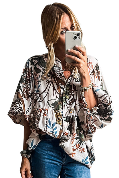 Boho Print Lantern Sleeve V Neck Blouse