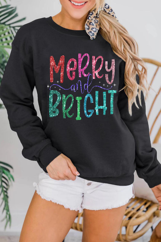 Glittering Merry and Bright Graphic Christmas Pullover Sweatshirt