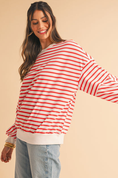 Orange Stripe Drop Shoulder Crew Neck Loose Sweatshirt