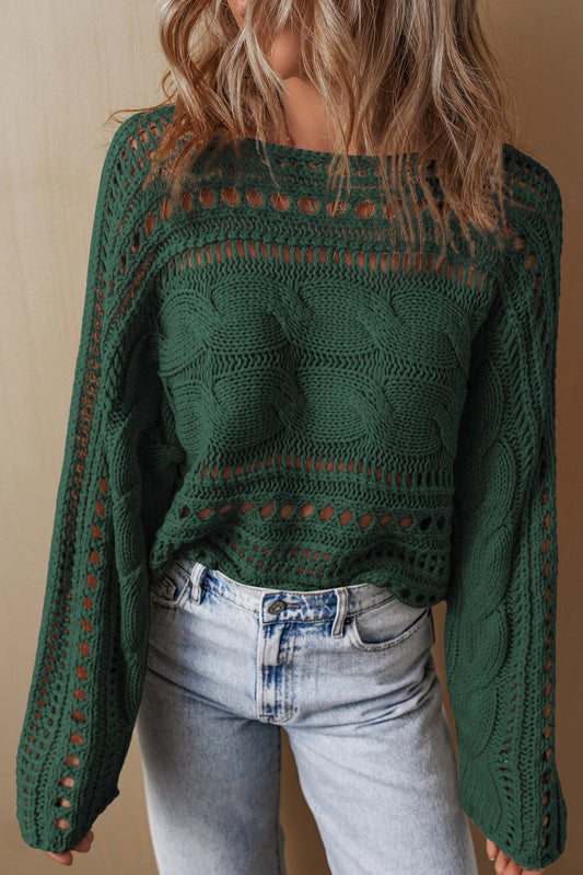 Smoke Gray Hollow Out Cable Knit Cropped Sweater