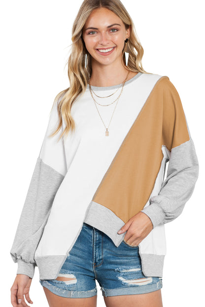 Khaki Colorblock Stitching Irregular Hem Long Sleeve Top