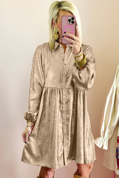 Metallic Sheen Puff Sleeve Button Up Mini Shirt Dress