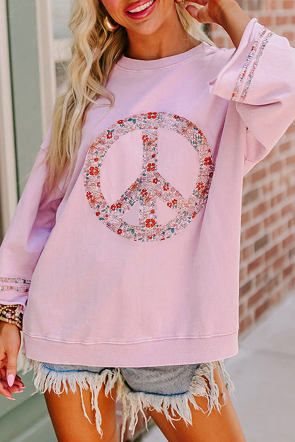 Light Pink Floral Peace Sign Drop Shoulder Top