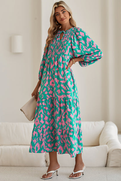 Abstract Print Puff Sleeve Smocked V Neck Maxi Dress