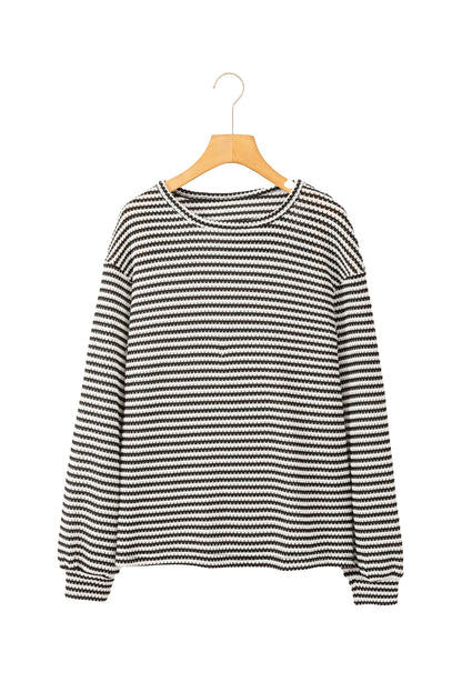 Khaki Stripe Round Neck Drop Shoulder Long Sleeve Top