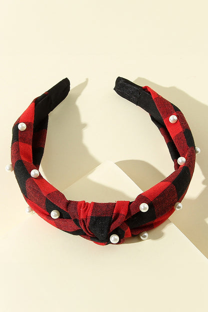 Red Dahlia Plaid Knotted Pearl Headband