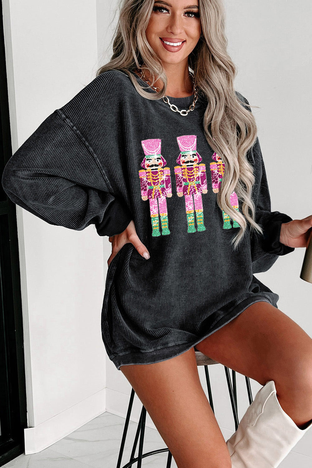 Black Neon Nutcrackers Mineral Wash Corded Graphic Sweatshirt