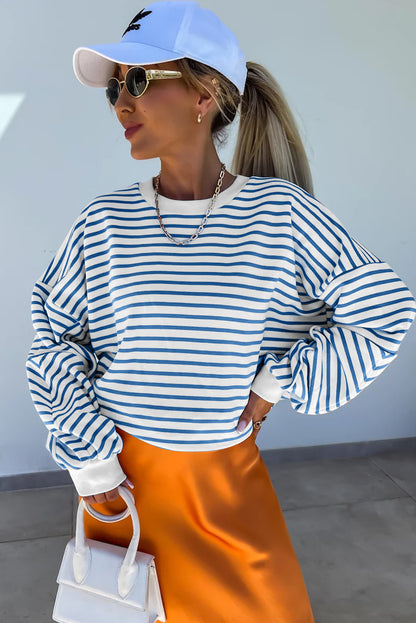 Orange Stripe Drop Shoulder Crew Neck Loose Sweatshirt