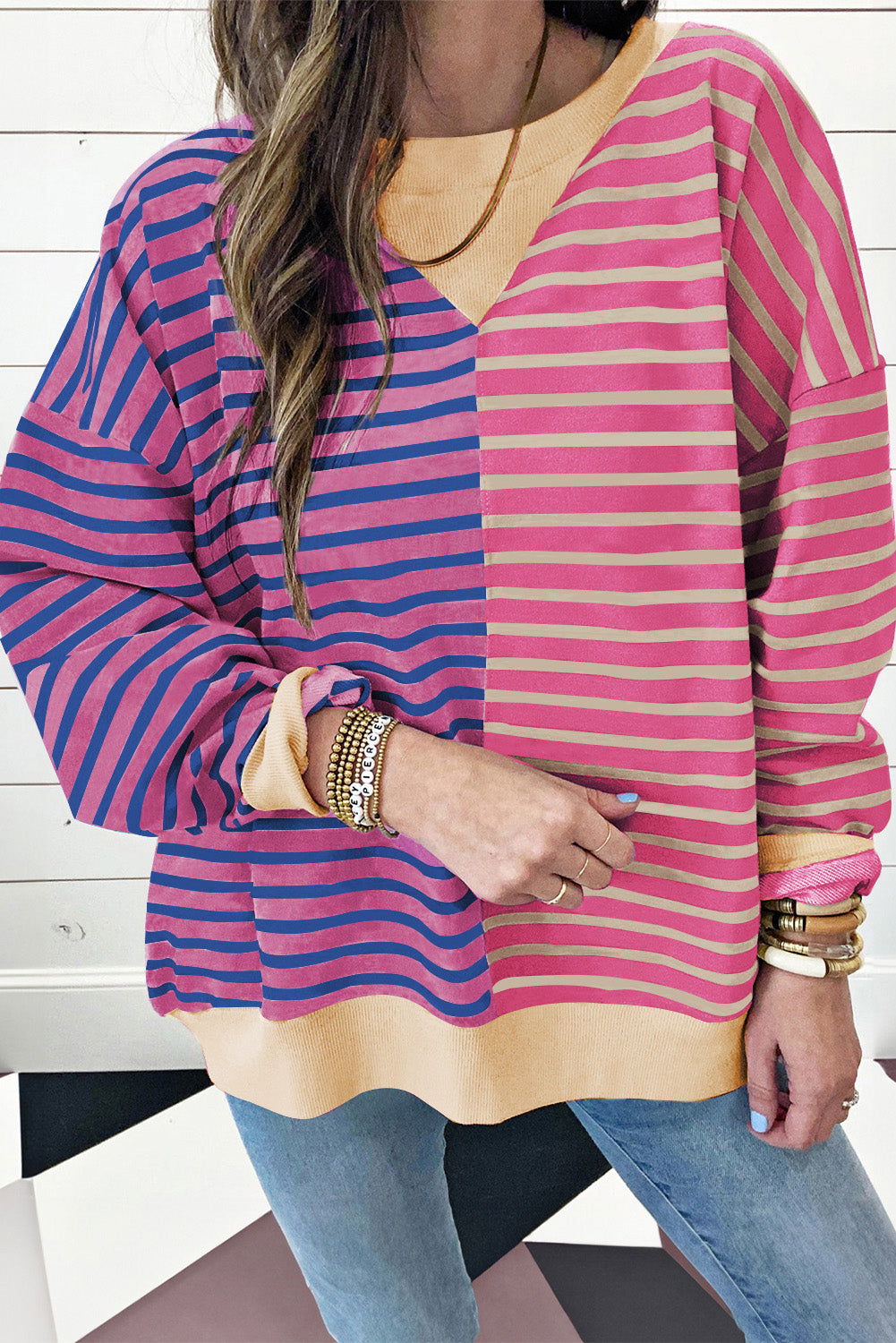 Sky Blue Stripe Colorblock Drop Shoulder Oversize Sweatshirt