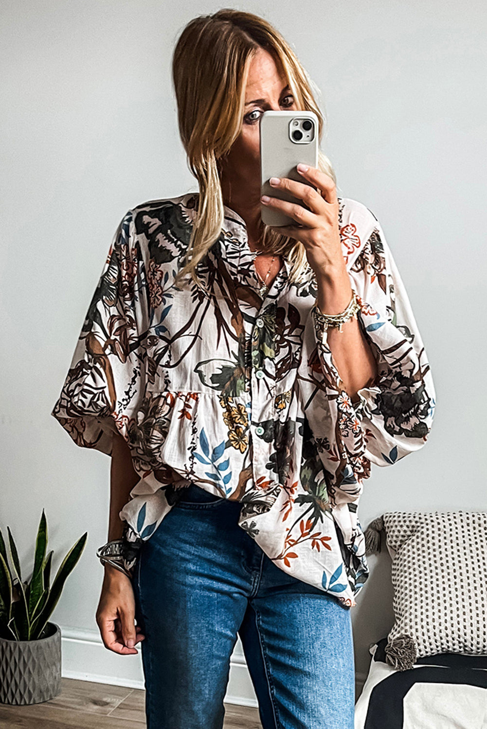 Boho Print Lantern Sleeve V Neck Blouse