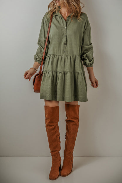 Puff Sleeve Buttoned Tiered Pleated Mini Shirt Dress