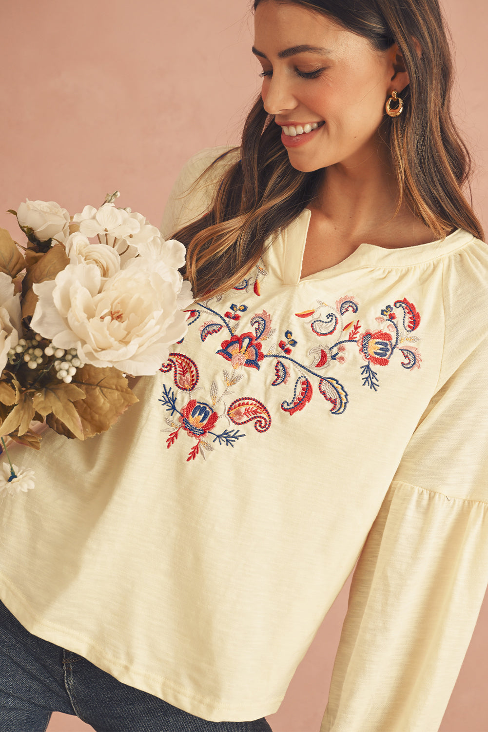 Apricot Paisley Floral Embroidered Notch V Neck Blouse