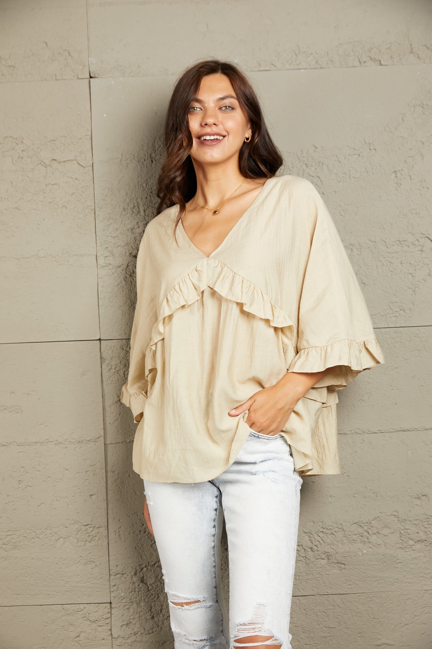 Double Take Ruffled V-Neck Half Sleeve Blouse