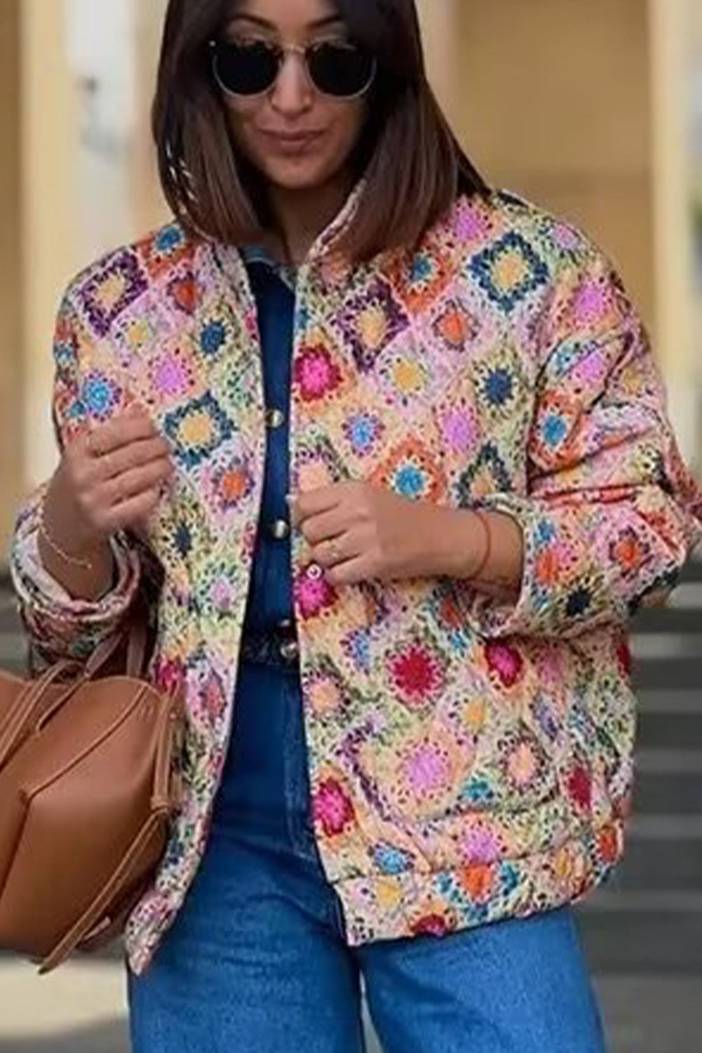 Multicolour Checkered Floral Print Snap Buttons Coat