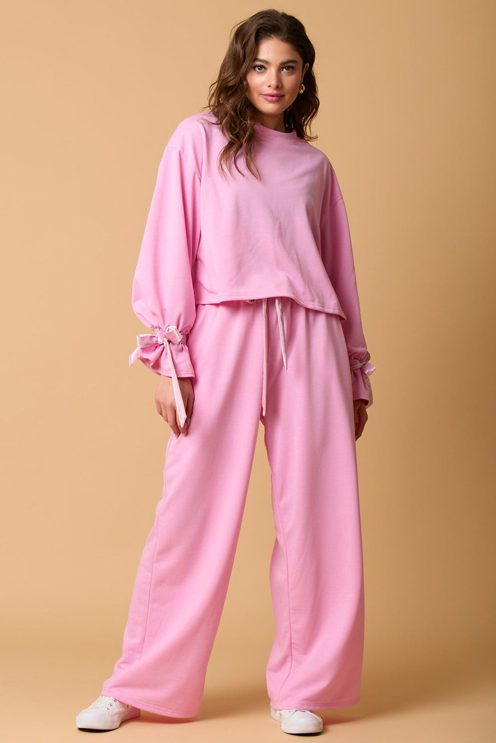 Bonbon Knot Cuffs Long Sleeve Pullover and Wide Leg Pants Set