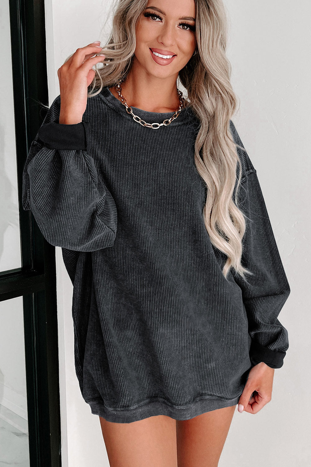 Ribbed Round Neck Drop Sleeve Pullover Sweatshirt