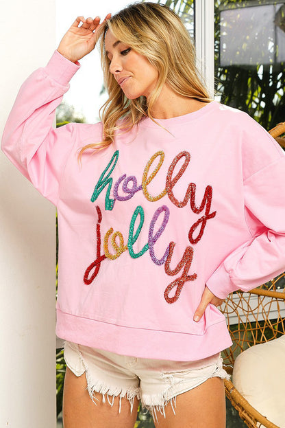 Pink Holly Jelly Round Neck Casual Pullover Sweatshirt