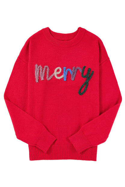 Fiery Red Tinsel Merry Letter Drop Shoulder Baggy Sweater