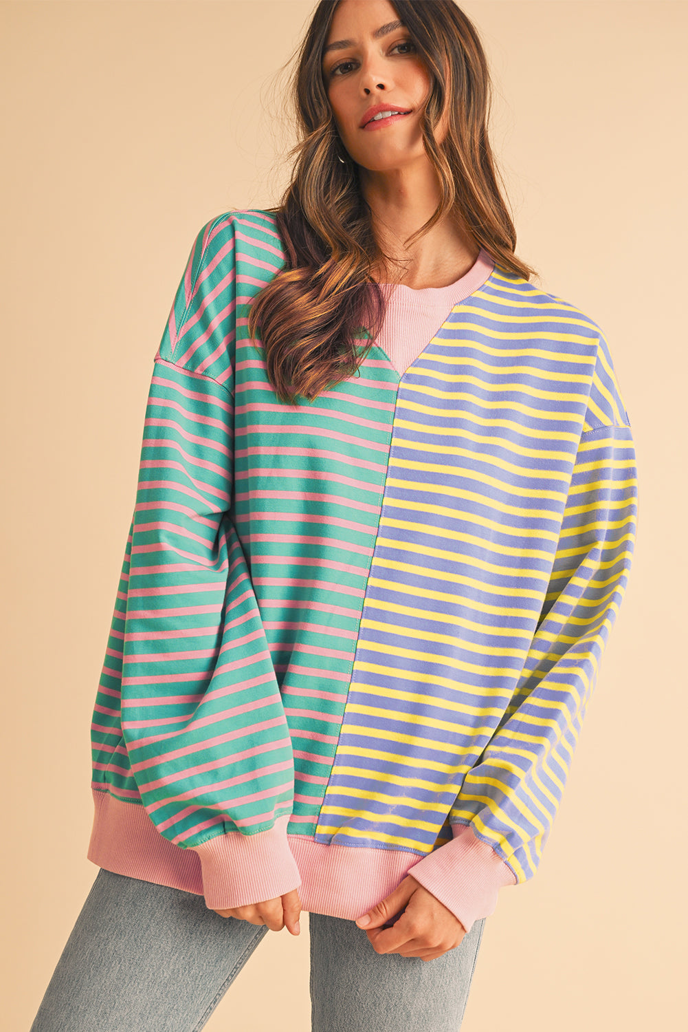 Sky Blue Stripe Colorblock Drop Shoulder Oversize Sweatshirt